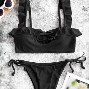 ZAFUL Ribbed Ruffle Keyhole Tie Side Bikini Swimwear - Black M